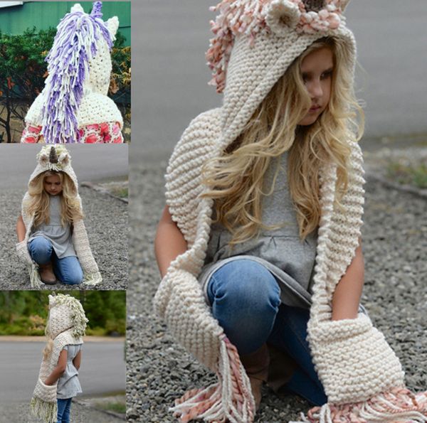

kids unicorn hat scarf 2 in 1 infant winter knitted cartoon hats children cloak warm knitting beanie caps with tassel crochet scaves cap new, Yellow