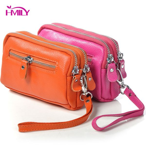 

hmily women clutch bag genuine leather female hand bag leisure casual ladies double zipper phone large capacity wallet