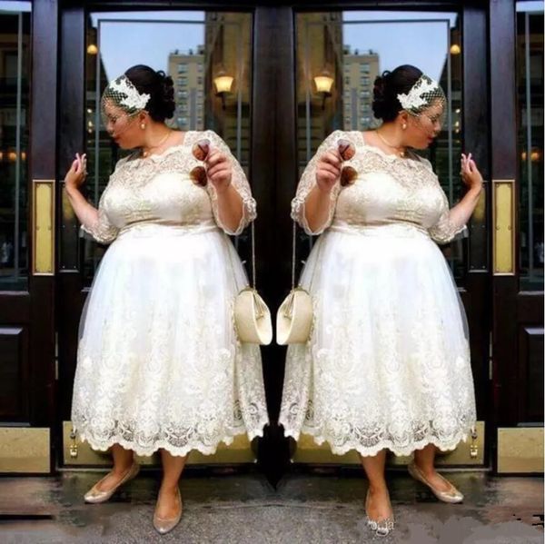 

plus size short wedding dresses 2019 tea length lace applique beach bridal gowns illusion long sleeves custom made a line wedding dress, White