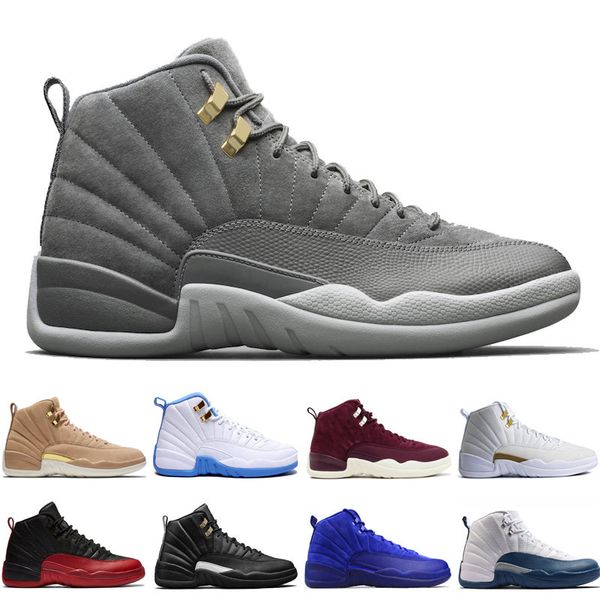 

12 12s men basketball shoes wheat dark grey bordeaux flu game the master taxi playoffs sunrise royal blue red suede wool sports sneakers, White;red