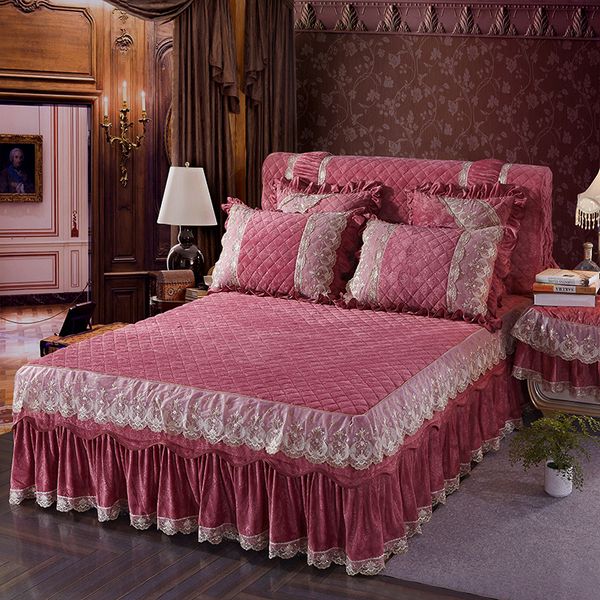

quilted thick fleece warm bed spread pink blue purple lace bedskirt set king/ size bedding sets bedsheets set bed cover