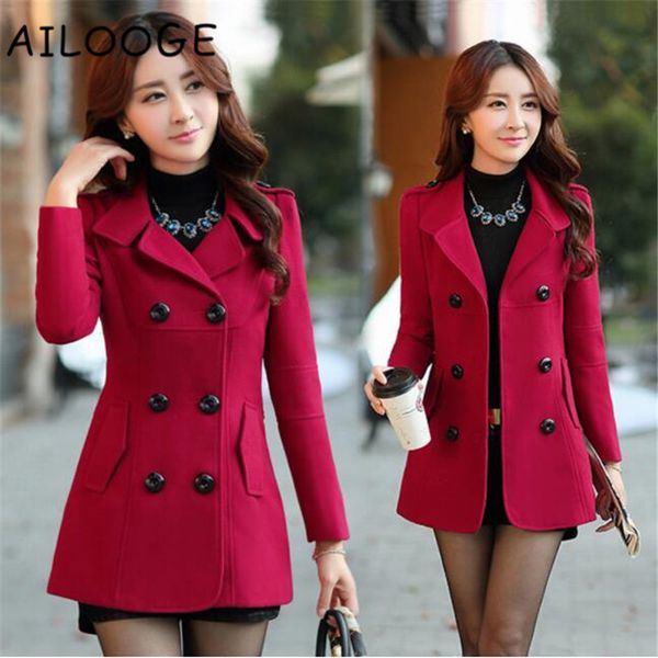 

winter woolen coats for women fashion solid double breasted overcoat turn-down collar slim outerwear female trench coat, Black