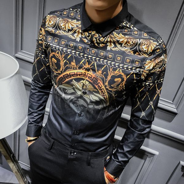 

mens gold shirts social club shirt 2018 autumn luxury baroque shirts camisa slim fit black gold mens designer shirts 3xl y1892101, White;black