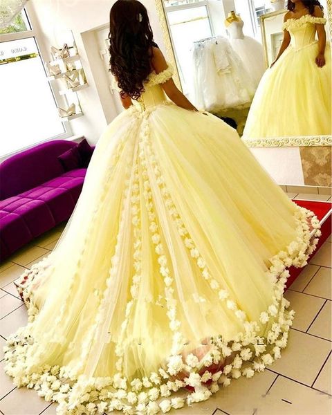 

2018 желтый бальное платье Quinceanera платья 3D ручной работы цветы с плеча сладкий 16 плюс размер Принцесса тюль дешевые Маскарад Пром платья