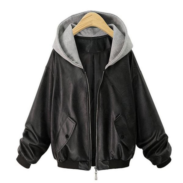

european and american women's spring and autumn artificial leather jacket coat fashion casual jacket locomotive punk wind, Black