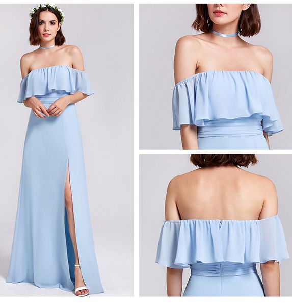 Neue hellhimmelblaue schulterfreie Brautjungfernkleider im Landhausstil, langes Chiffon-Strandmädchen der Ehrenfrau, Abschlussball-Party-Kleider mit hohem Schlitz