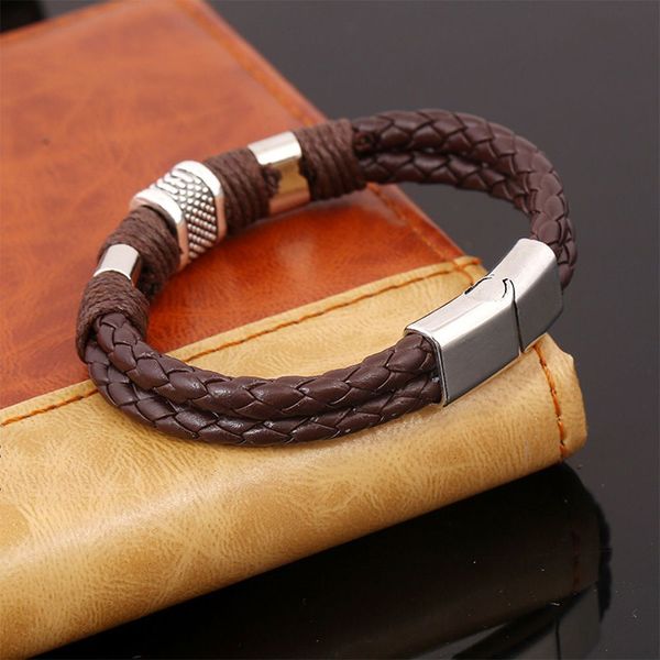 

retro fashion woven bracelet men's wristband metal studded leather bracelet, Golden;silver