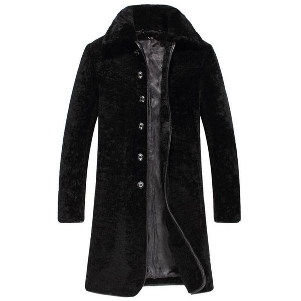 

wool long coat man winter shearling jacket, Black