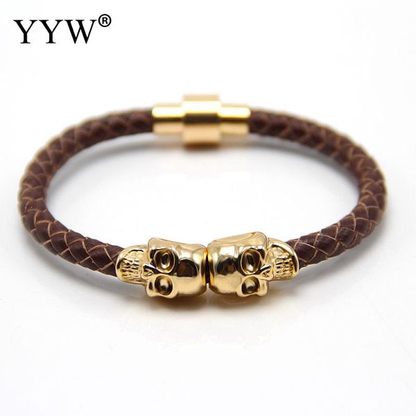 

2018 fashion 19 colors rose gold magnetic clasp punk braided genuine leather skull bracelet for man women, Golden;silver