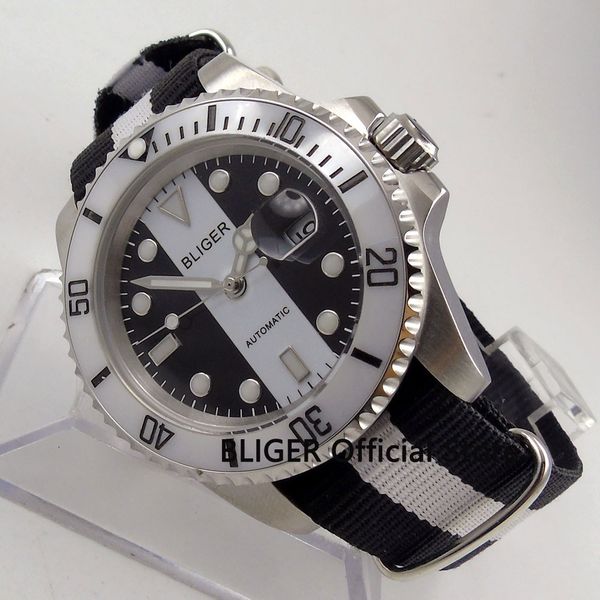 

sapphire crystal bliger 40mm black white dial ceramic rotating bezel luminous pointer miyota automatic movement men's watch b147, Slivery;brown