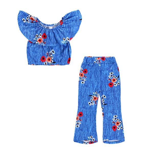 Abbigliamento per bambini Vestiti per neonata Set Top con spalle scoperte con fiori blu + Pantaloni a zampa d'elefante larghi floreali 2 pezzi Completi per ragazze Set di vestiti per bambini