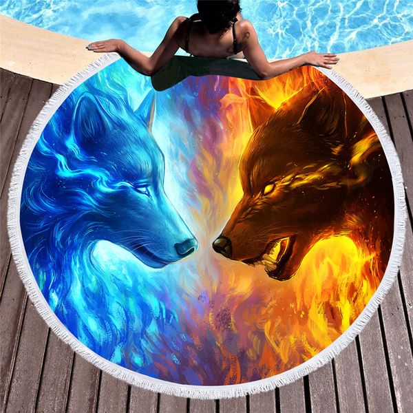 

beach towe large bath towel thicking wolf round printed microfiber fabric towel tapestry yoga mat blanket 600g yj56