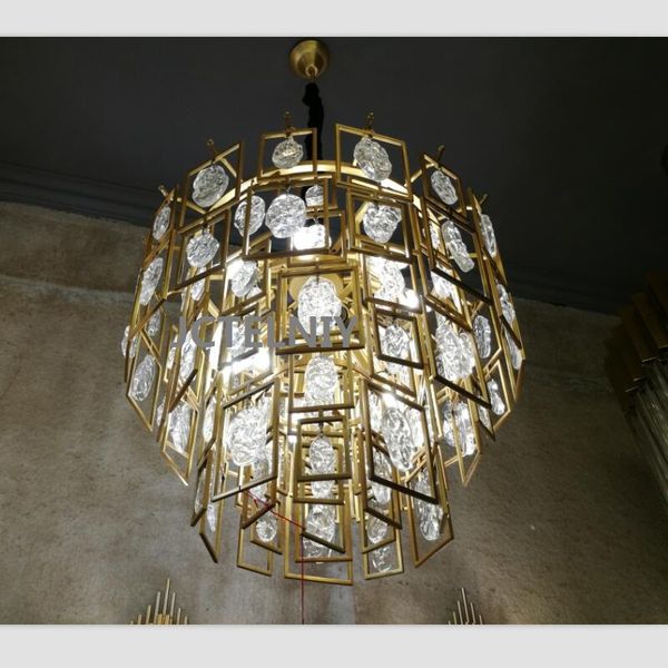 

New Round crystal copper chandelier luxury gold dining room lamp living room rectangular lamp hotel personality decorative LED lamps