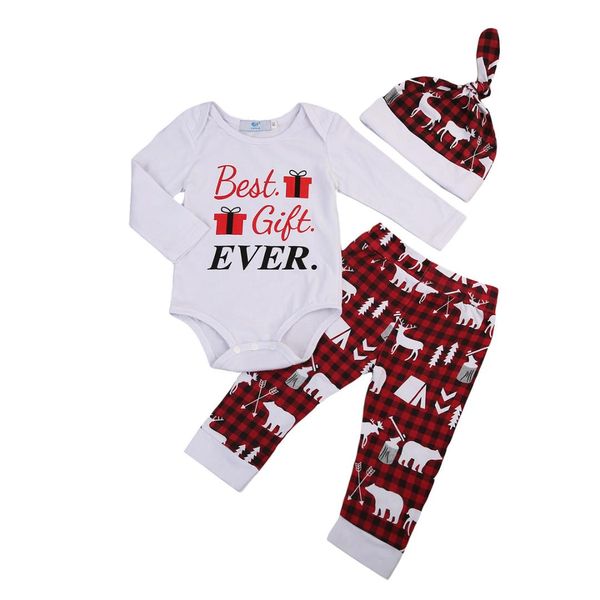 

christmas newborn infant kid baby boy baby girl clothes casual long sleeve print romper pants leggings hat outfits clothes, White