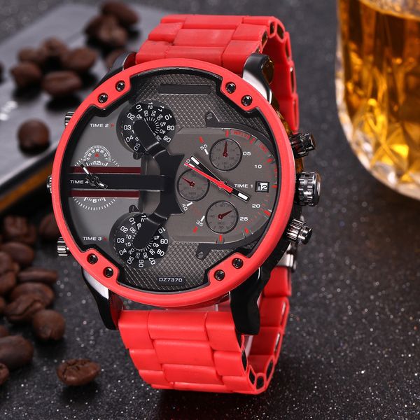 

Fashion Brand 7370 Men's Big Case Red steel Metal + Silicone band Quartz wrist Watch full logo