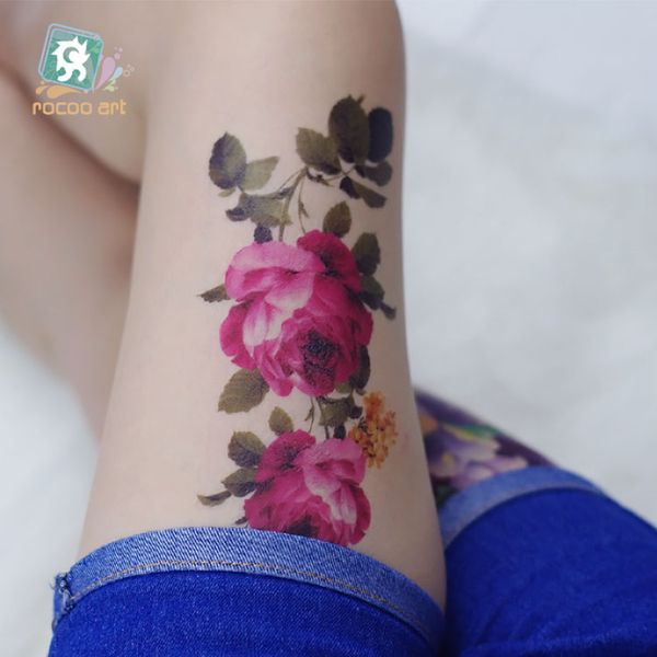 Acheter Rocooart Qc683 Longue Hd Femmes Tatouages Tatouages Manches Body Art Rose Pivoine Fleur Temporaire Flash Tatouages Autocollant Tatuagem