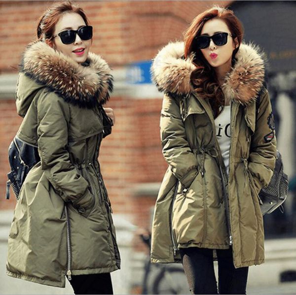 

faux raccoon fur winter jacket lady fur collar hooded thicken army parka women winter ladies white duck down coat, Black