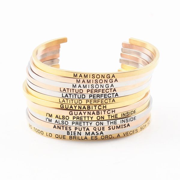 

2018 mix colors 316l stainless steel engraved positive inspirational quote stamped cuff spanish mantra bracelet bangle jewelry, Black