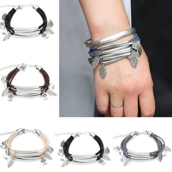 

new fashion couples bird wax rope bracelet multilayer wristband bangle 4 colors vintage jewelry for gift, Black