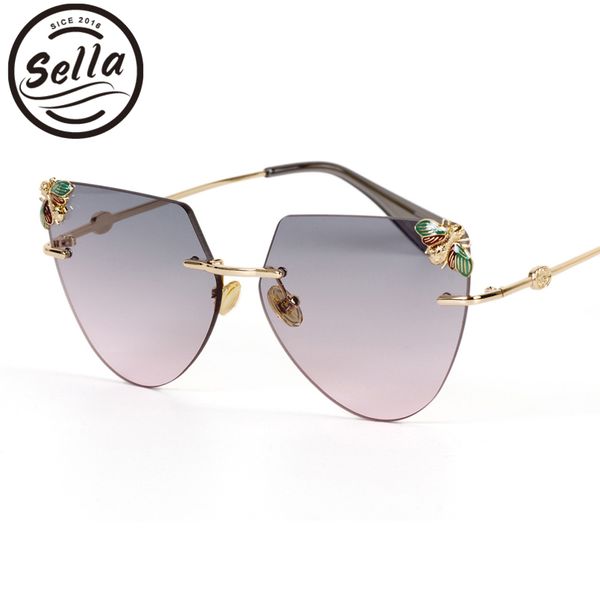 

sella 2018 new arrival fashion women men oversized rimless cateye sunglasses candy color gradient lens bees decoration eyewear, White;black