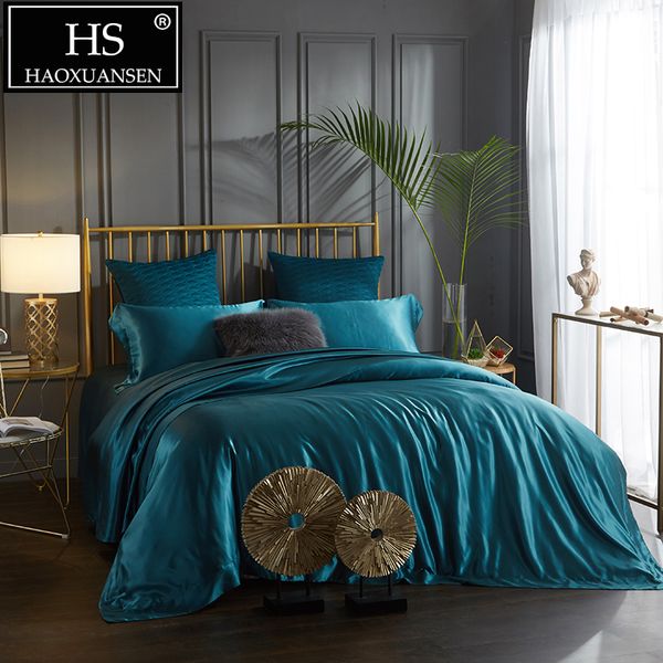 

hs luxury peacock blue 19 momme 100% pure mulberry silk 4pcs bedding sets plain dyed duvet cover bedsheet pillowcase bedding set