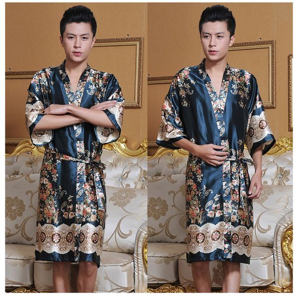 

chinese style men kimono bathrobe gown print floral sleepwear soft nightwear loose robe satin intimate lingerie casual negligee, Black;brown