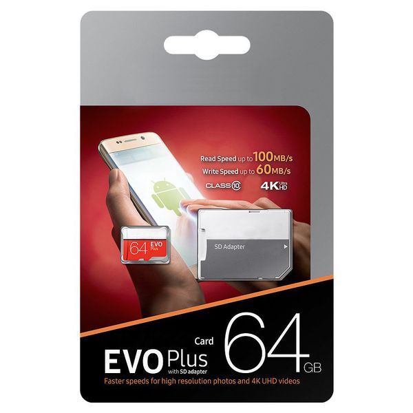 

new arrival black evo plus + 64gb 128gb 256gb class 10 sd adapter retail blister package epacket dhl ing