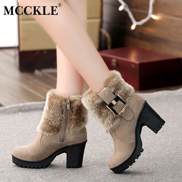 

mcckle women casual platform block high heels winter warm faux fur snow boots female suede buckle short ankle boots shoes, Black