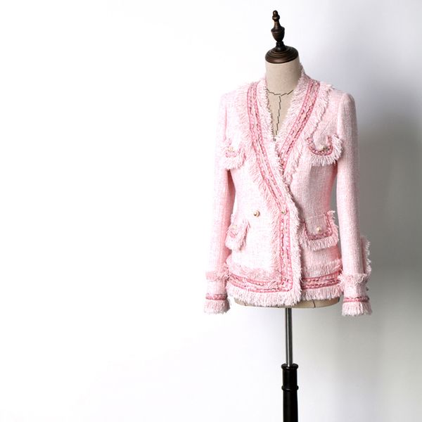 

new women fashion elegant heavy tweed jacket v-neck chains patchwork tassel pockets office lady formal outerwear pink jc2421, Black;brown
