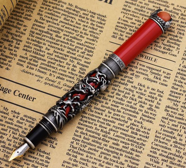 

new jinhao dragon king vintage fountain pen, unique metal embossing hi-tech, gray color & red cap business office home supplies