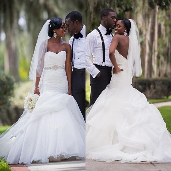 

country sweetheart mermaid wedding dresses with sash beads/sequins ruched train backless wedding dress count train african bridal gowns, White