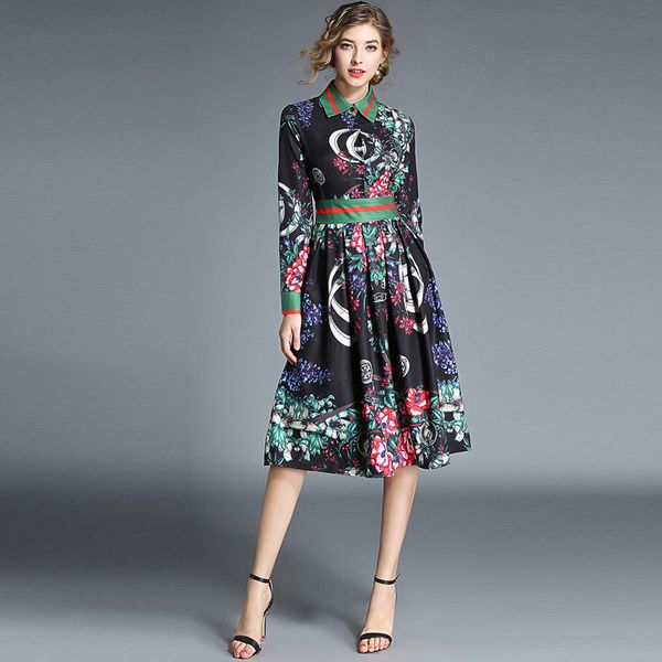 

fashion designer runway dress 2018 autumn women's long sleeve flower printed slim elegant pleated dress, White;black