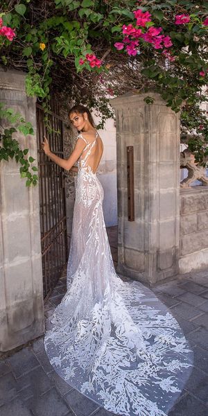 2019 Elihav Sasson Abiti da sposa a sirena Sheer Neck Abiti da sposa in pizzo vestido de novia Cap Sleeve Beach Wedding Dress2111
