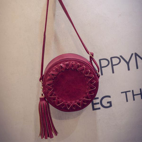 

pu clutch crossbody bag ladies circular tassel bags women fringe design bag popular girls messenger shoulder mini solid handbags