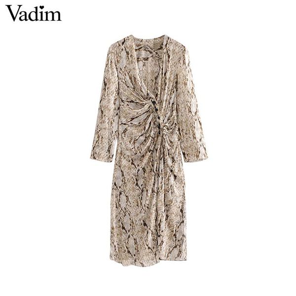 

vadim women snake print chiffon dress see through v neck long sleeve split female casual mid calf dresses vestidos qa357, Black;gray
