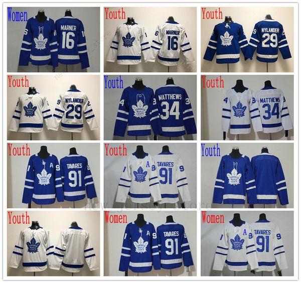 

women youth toronto maple leafs hockey jerseys blue white 91 tavares 34 matthews 16 mitchell marner 44 morgan rielly 88 william nylander, Black;red
