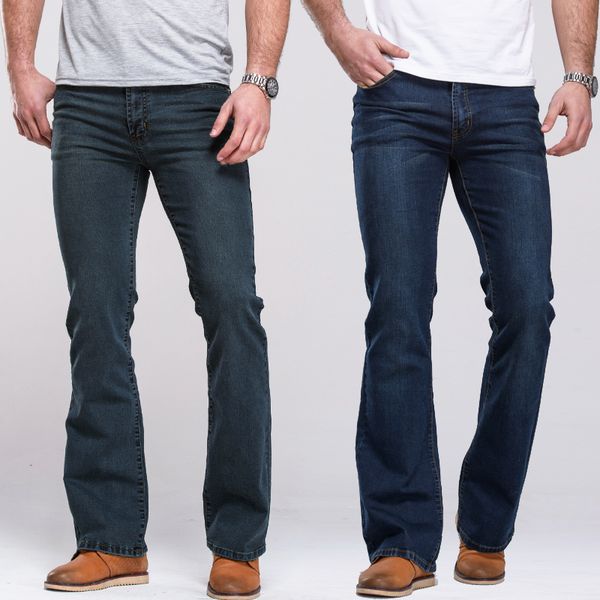 Calças de brim masculinas com corte de bota ligeiramente largas e justas, marca famosa, jeans azuis e pretos, jeans jeans elásticos masculinos clássicos de marca S913