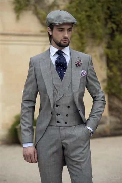 

new morning style one button pure light grey groom tuxedos peak lapel groomsmen man mens wedding suits (jacket+pants+vest+tie) 187, Black;gray