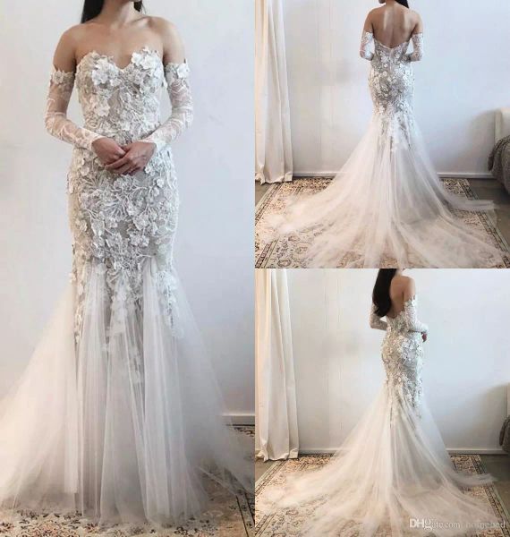 

long sleeve sweetheart mermaid wedding dresses lace 3d floral appliqued backless bridal gowns tulle sweep train plus size wedding dress, White