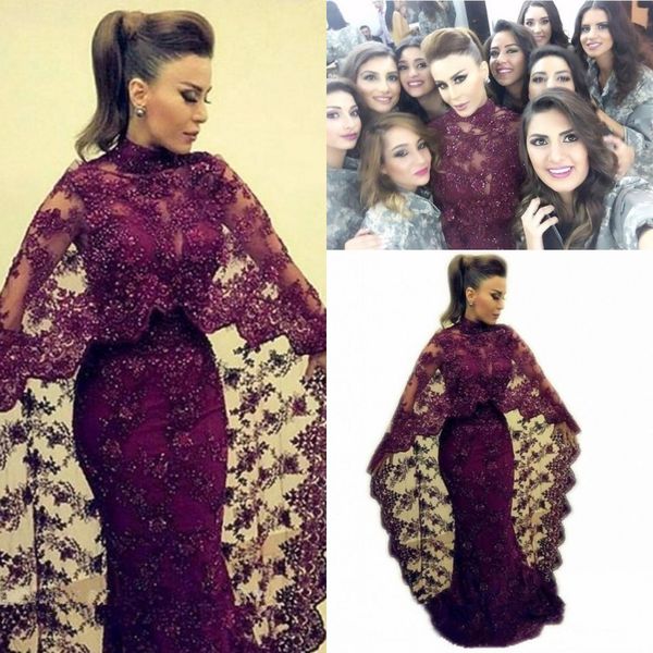 Yousef Aljasmi Moda Muçulmano Vestido de Noite de Alta Neck Sereia De Comprimento Completo Brilhante Lace Frisado Abaya Vestidos Formais com Capa