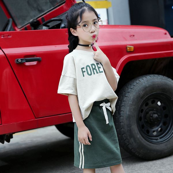 

2018 girls fashion clothing sets cotton short-sleeved letter girls t shirt+ green skirt 2 pcs suit children, White