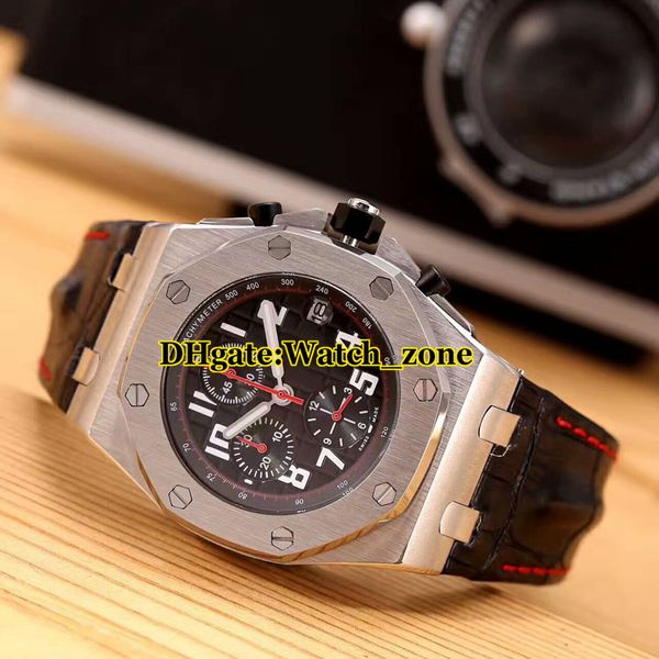 

new 42mm japan vk quartz chronograph satch black textured dial mens watch silver case leather strap gents watches, Slivery;brown