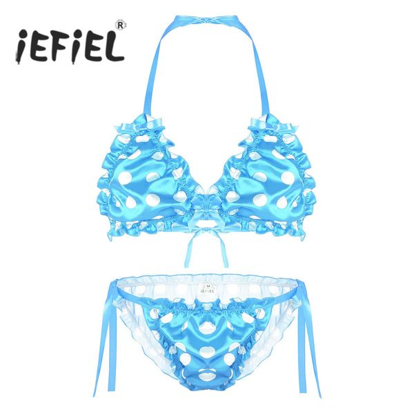 

mens ruffled frilly shiny smooth polka dots strappy sissy bikini lingerie set wire-halter bra with briefs underwear, Black;white