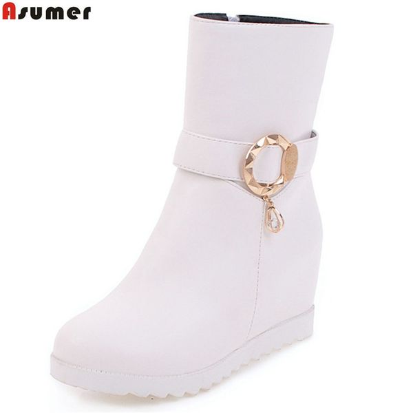 

asumer fashion women boots black white gray zipper ladies boors buckle height increasing round tow ankle boots big size 33-43