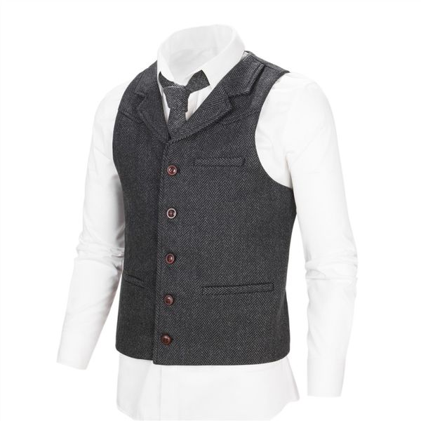 

botvela woollen tweed waistcoat mens vintage herringbone single-breasted slim tailored collar vest wedding party business 035, Black;white