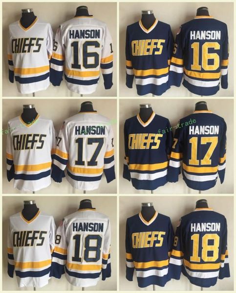 

The Movie Slap Shot Charlestown Chiefs #16 Jack 17 Steve 18 Jeff Hanson White Blue Hockey Jerseys Stitched