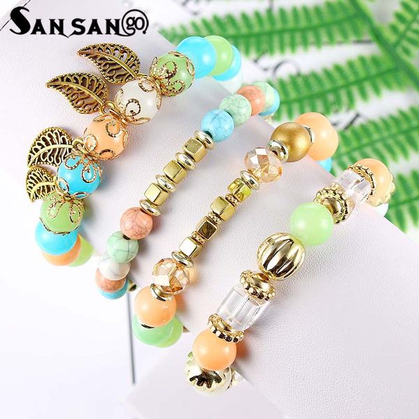 

4pcs fashion sweet ethnic handmade colorful elastic bead bracelet set gold leaf square bead charm bangle for women gift jewelry, Black