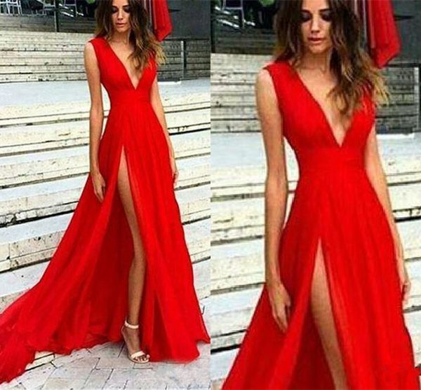 

2018 Cheap Sexy Red Elastic Satin Deep V Neck Split Prom Dresses Sleeveless Long Pleated Tulle Party Formal Evening Dress Gowns Custom Made, Black