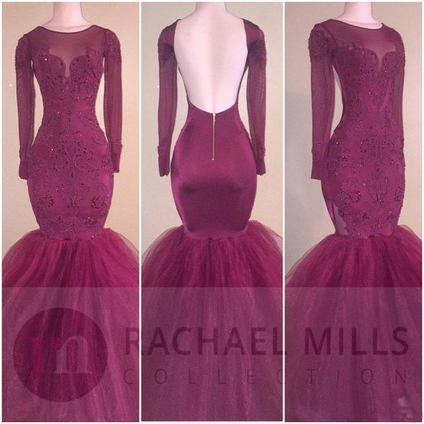 

2017 Burgundy Evening Dresses Backless Crew Neck Long Sleeves Sequined Prom Dresses Sweep Train Tiered Tulle Evening Party Dress