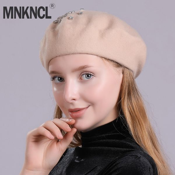 

mnkncl 100% wool knitted winter hats for women cashmere warm beret hat female rhinestones decoration lady fashion caps, Blue;gray